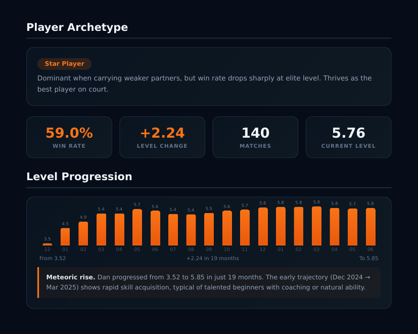 Report preview — player archetype and level progression